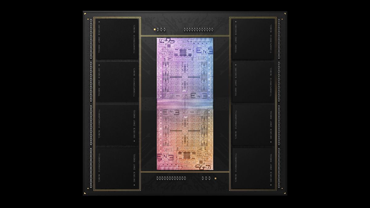 Un chip M1 Ultra arcobaleno luminoso, circondato da moduli di memoria integrati