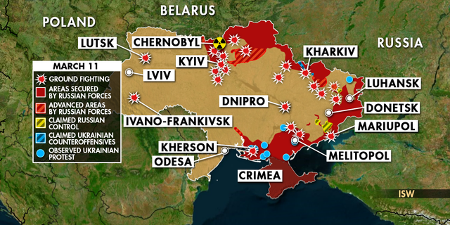 La mappa mostra l'invasione russa dell'Ucraina a partire dall'11 marzo 2022. 