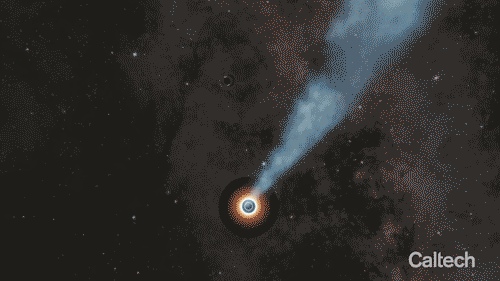 I buchi neri binari orbitano l'un l'altro nell'animazione di questo artista.  Il più grande buco nero spara nello spazio un getto di materia quasi alla velocità della luce, consentendo agli astronomi di rilevarlo dalla Terra.
