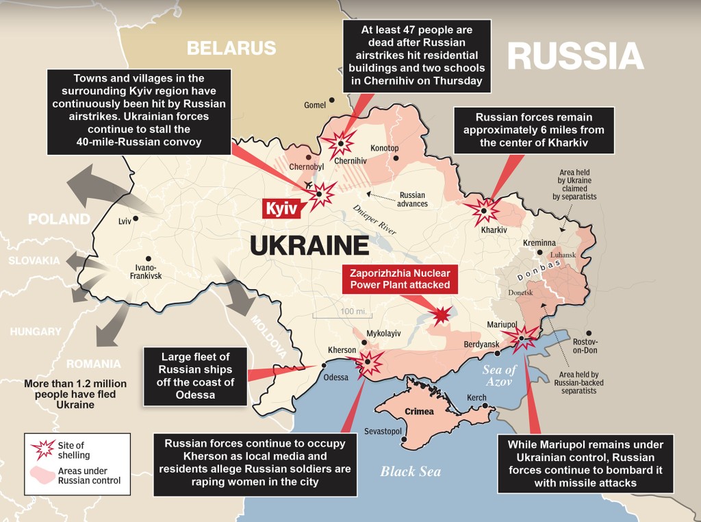 Mappa dell'invasione dell'Ucraina al 5 marzo 2022.