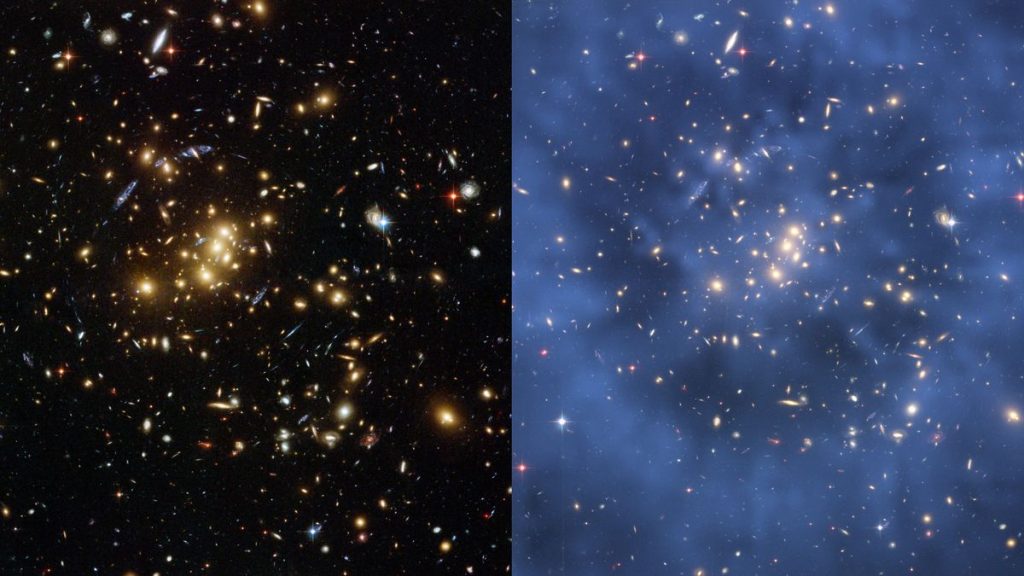 Two views of a galaxy cluster are seen. On the right, areas where dark matter is expected to exist are shaded in blue.
