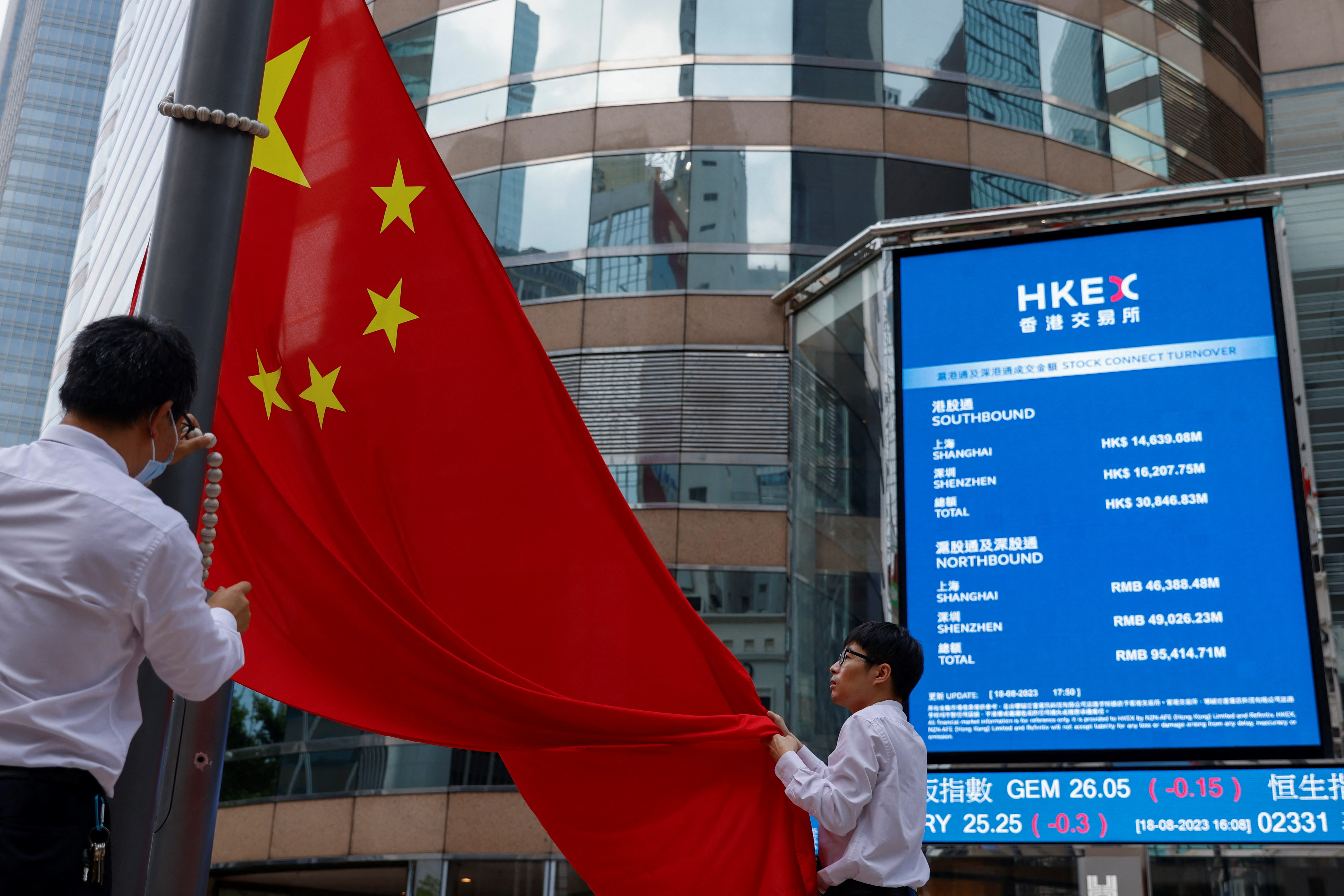 I dipendenti abbassano la bandiera nazionale cinese davanti agli schermi che mostrano indici e prezzi azionari fuori dalla piazza della Borsa di Hong Kong