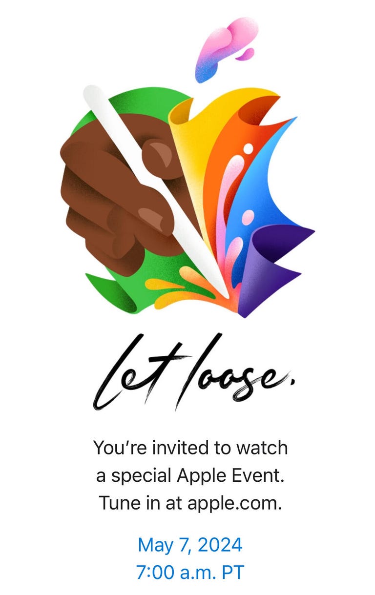 Un invito a un evento contenente un disegno colorato e stilizzato del logo Apple con una mano che tiene una Apple Pencil