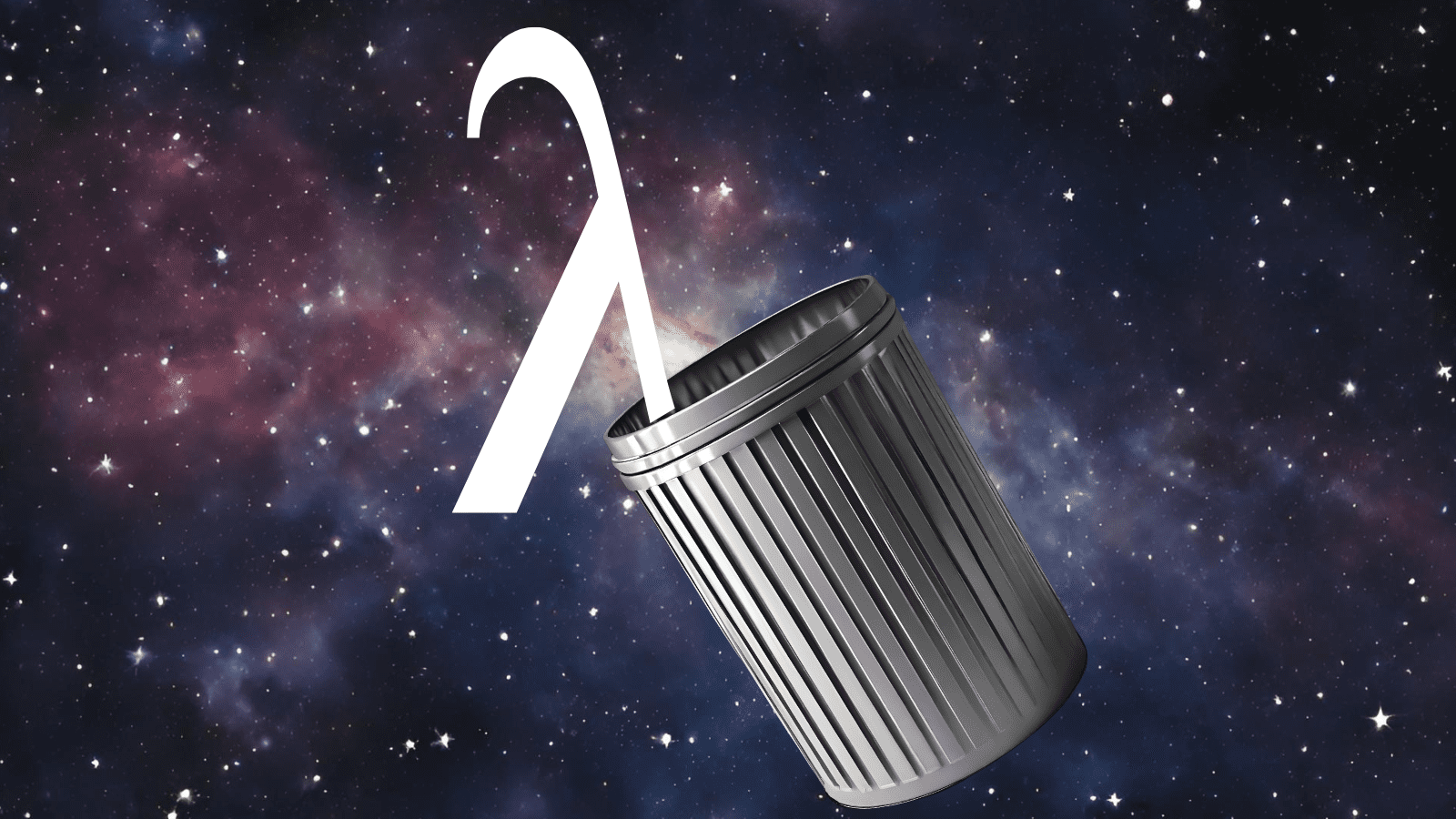 Illustrazione di un bidone della spazzatura di metallo nello spazio.  La costante cosmologica è stata ignorata.