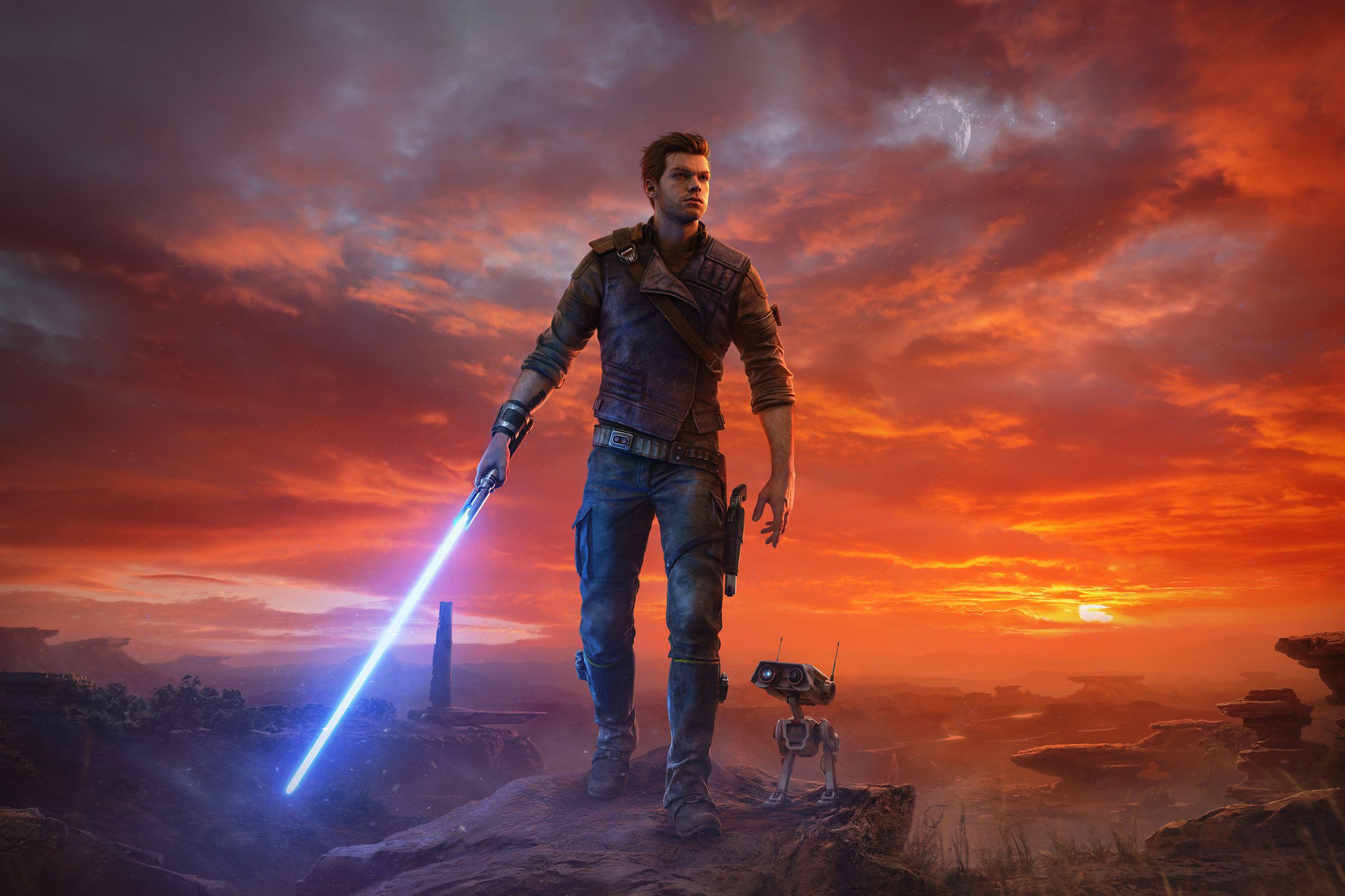 L'immagine di copertina di Star Wars Jedi: Survivor, che mostra il personaggio principale Cal Kestis e il suo droide, BD-1, su uno sfondo desolato.