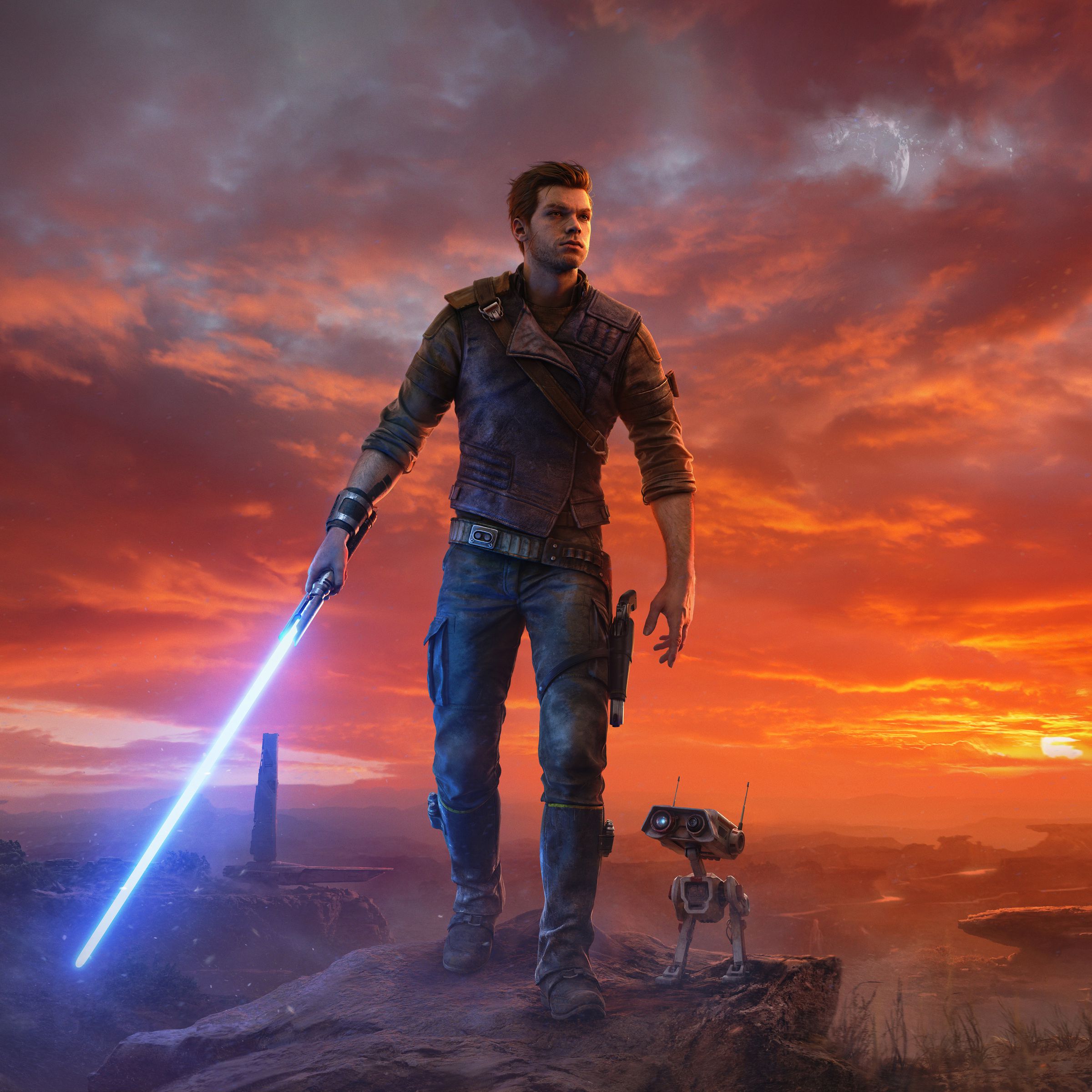 L'immagine di copertina di Star Wars Jedi: Survivor, che mostra il personaggio principale Cal Kestis e il suo droide, BD-1, su uno sfondo desolato.